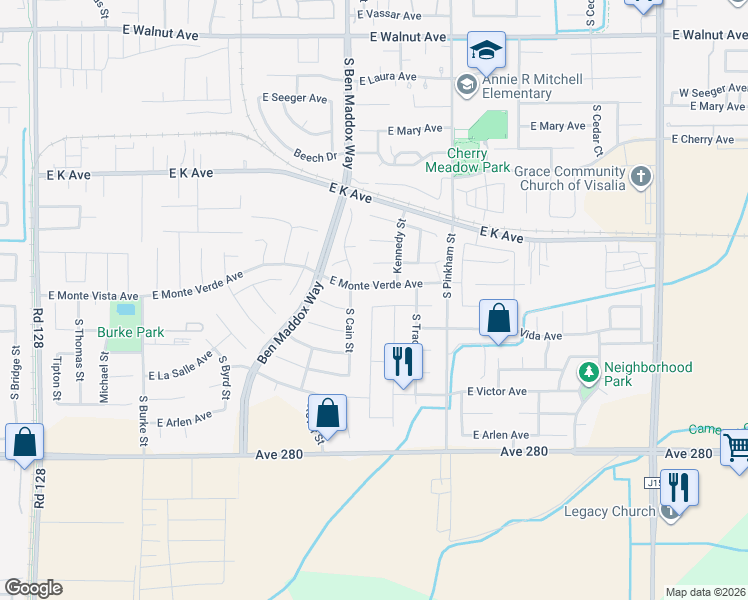 map of restaurants, bars, coffee shops, grocery stores, and more near 1805 East Monte Verde Avenue in Visalia
