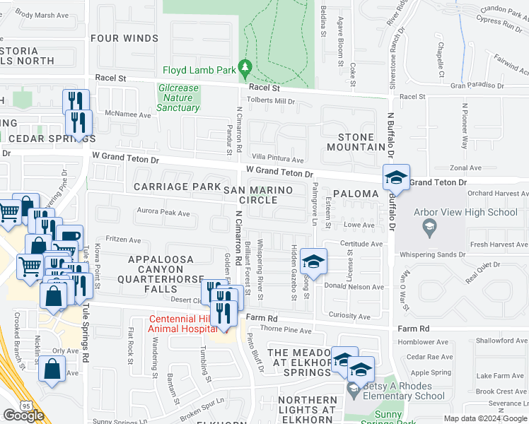 map of restaurants, bars, coffee shops, grocery stores, and more near 7844 Russling Leaf Drive in Las Vegas