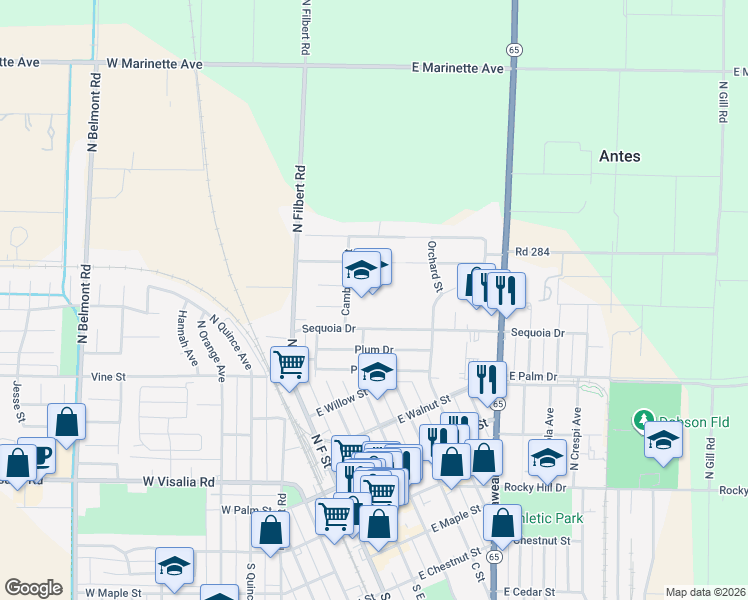 map of restaurants, bars, coffee shops, grocery stores, and more near 313 Sequoia Drive in Exeter