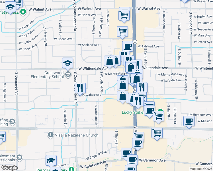 map of restaurants, bars, coffee shops, grocery stores, and more near 2409 West Sunnyside Avenue in Visalia