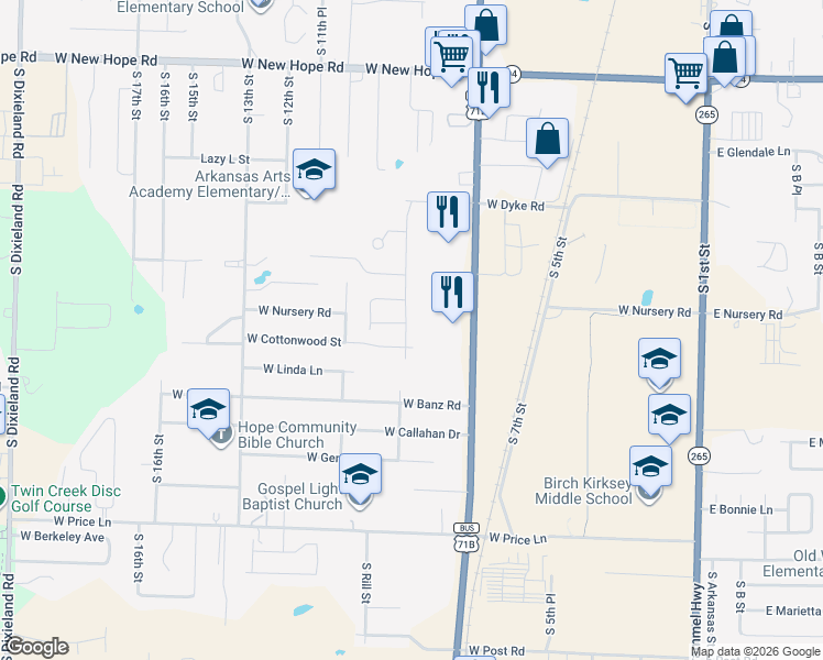map of restaurants, bars, coffee shops, grocery stores, and more near 2202 South 8th Street in Rogers