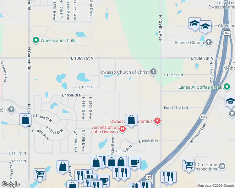 map of restaurants, bars, coffee shops, grocery stores, and more near 12266 East 104th Street North in Owasso