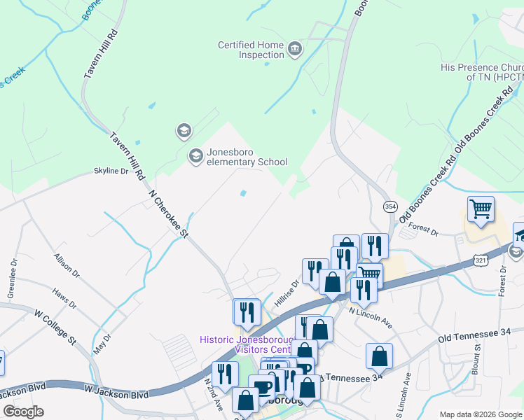 map of restaurants, bars, coffee shops, grocery stores, and more near 158 Thompson Meadow Lane in Jonesborough