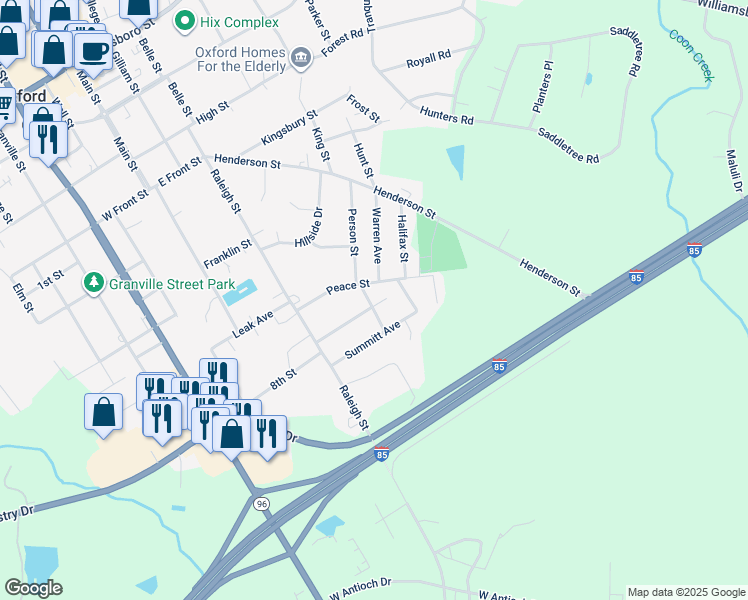map of restaurants, bars, coffee shops, grocery stores, and more near 208 Person Street in Oxford