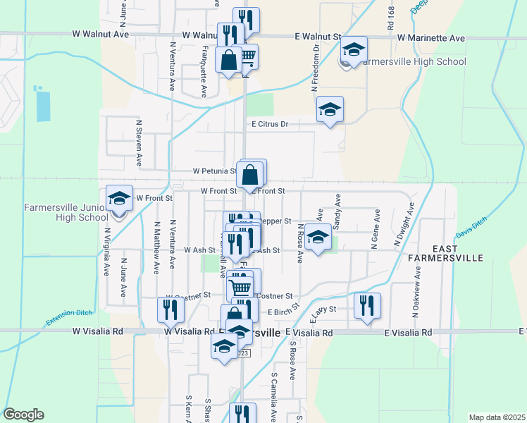 map of restaurants, bars, coffee shops, grocery stores, and more near in Farmersville