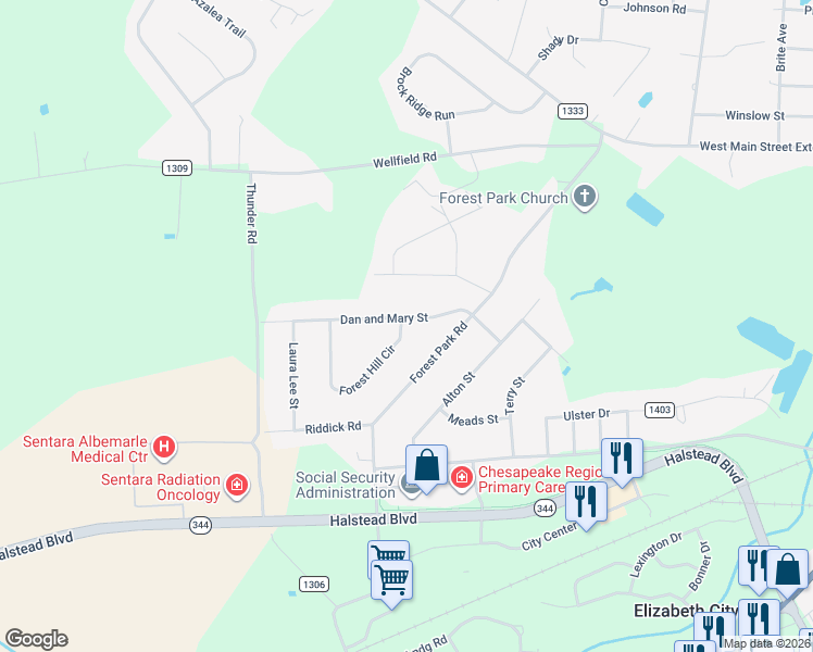 map of restaurants, bars, coffee shops, grocery stores, and more near 611 Forest Park Road in Elizabeth City