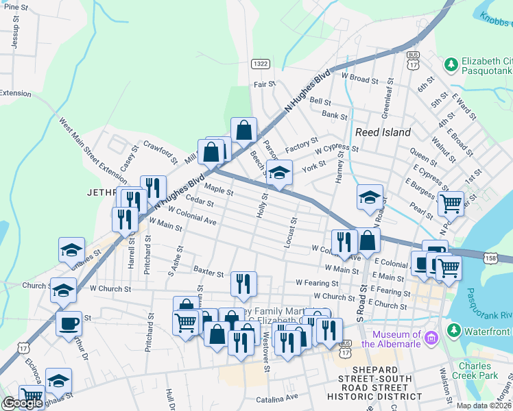 map of restaurants, bars, coffee shops, grocery stores, and more near 700 Cedar Street in Elizabeth City