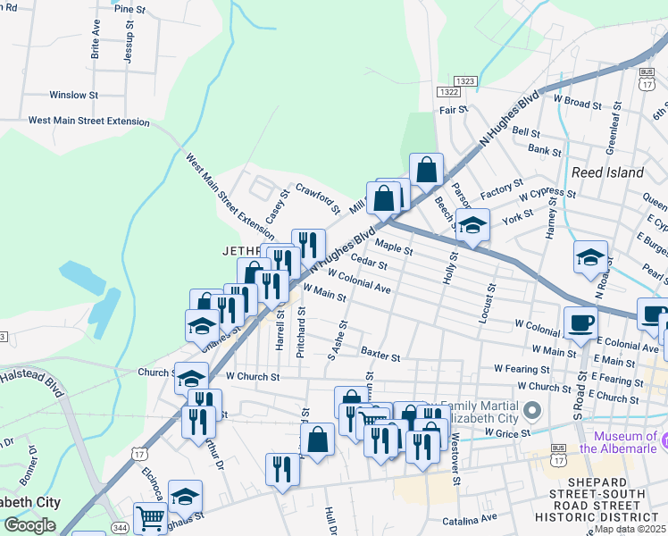 map of restaurants, bars, coffee shops, grocery stores, and more near 1112 West Colonial Avenue in Elizabeth City