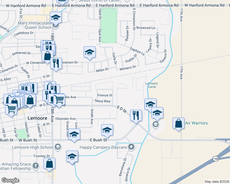 map of restaurants, bars, coffee shops, grocery stores, and more near 478 Cantera Avenue in Lemoore