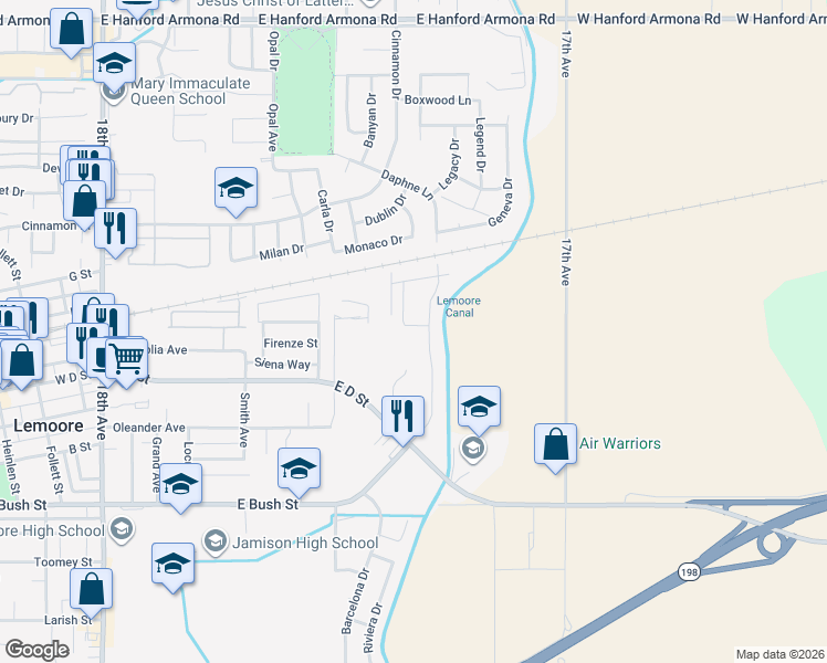 map of restaurants, bars, coffee shops, grocery stores, and more near 843 Sydney Way in Lemoore