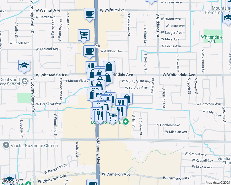 map of restaurants, bars, coffee shops, grocery stores, and more near South Fairway Street in Visalia