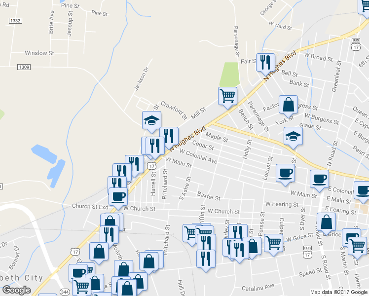 map of restaurants, bars, coffee shops, grocery stores, and more near in Elizabeth City