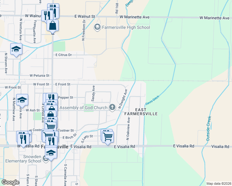 map of restaurants, bars, coffee shops, grocery stores, and more near 700-798 N Gene Ave in Farmersville