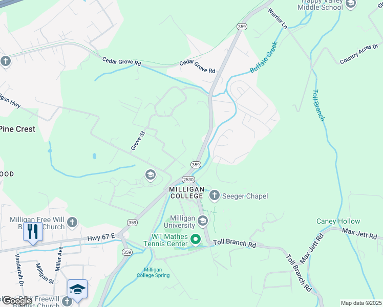 map of restaurants, bars, coffee shops, grocery stores, and more near 1619 Milligan Highway in Johnson City