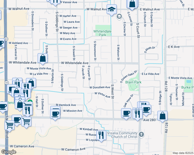 map of restaurants, bars, coffee shops, grocery stores, and more near 3048 S Johnson St in Visalia