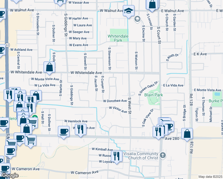 map of restaurants, bars, coffee shops, grocery stores, and more near 3008 South Stevenson Street in Visalia