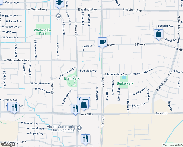 map of restaurants, bars, coffee shops, grocery stores, and more near 318 East La Vida Avenue in Visalia