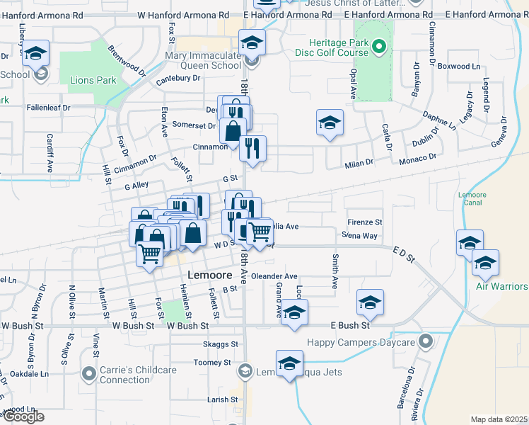 map of restaurants, bars, coffee shops, grocery stores, and more near 514 North Lemoore Avenue in Lemoore