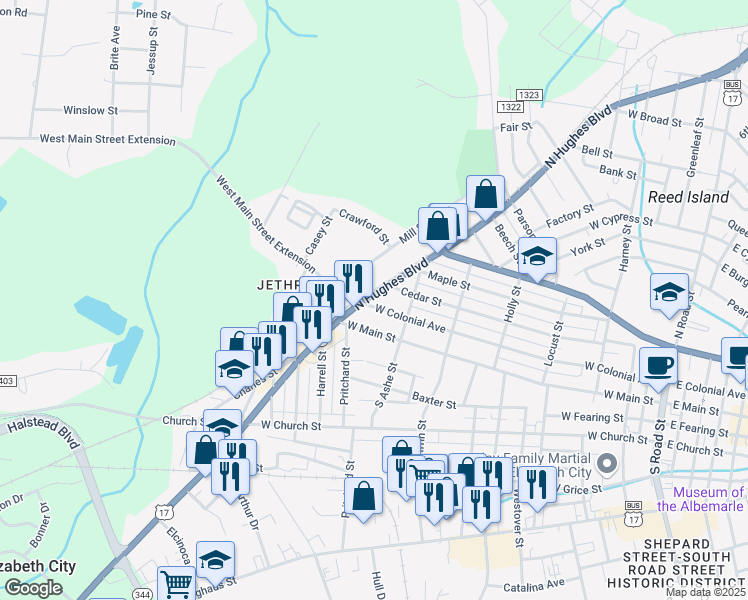 map of restaurants, bars, coffee shops, grocery stores, and more near 1116 West Colonial Avenue in Elizabeth City