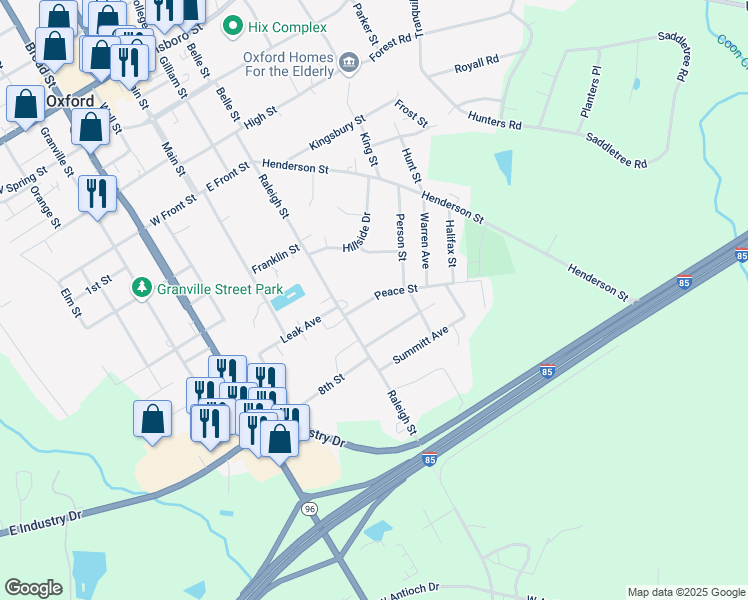 map of restaurants, bars, coffee shops, grocery stores, and more near 111 Peace Street in Oxford