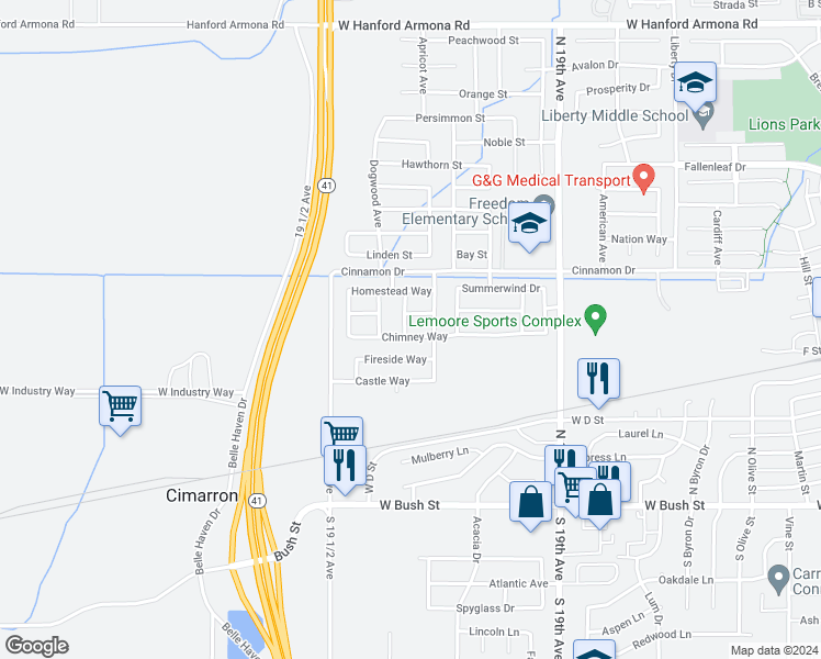 map of restaurants, bars, coffee shops, grocery stores, and more near 1592 Chimney Way in Lemoore
