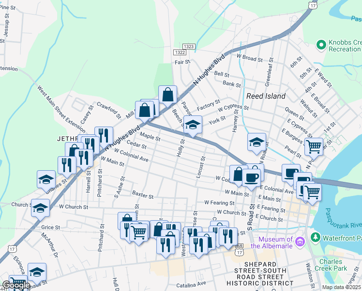 map of restaurants, bars, coffee shops, grocery stores, and more near 307 Holly Street in Elizabeth City