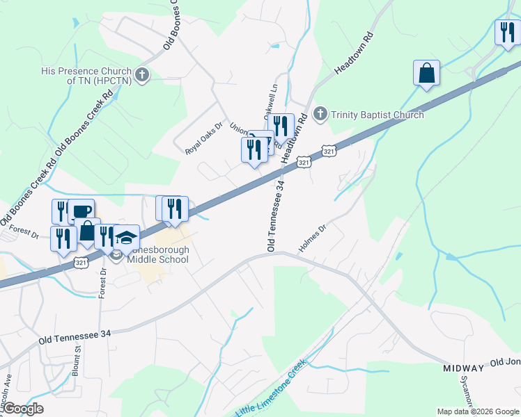 map of restaurants, bars, coffee shops, grocery stores, and more near 101-199 Old Tennessee 34 in Jonesborough