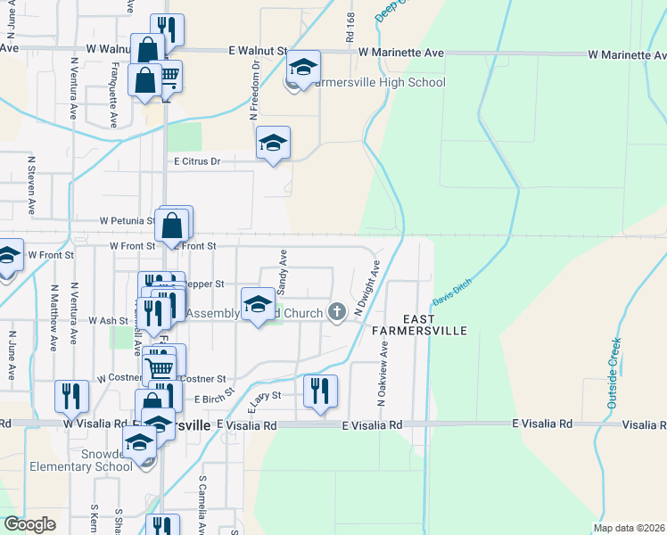 map of restaurants, bars, coffee shops, grocery stores, and more near 798 North Gene Avenue in Farmersville