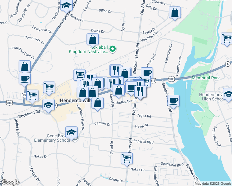 map of restaurants, bars, coffee shops, grocery stores, and more near 315 West Main Street in Hendersonville