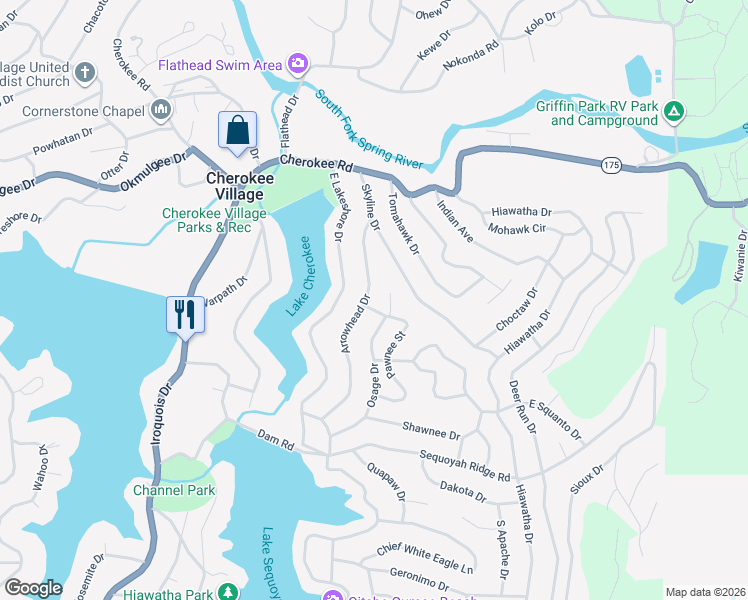 map of restaurants, bars, coffee shops, grocery stores, and more near 5 Osage Circle in Cherokee Village