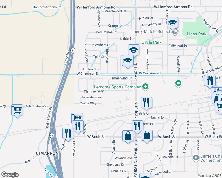 map of restaurants, bars, coffee shops, grocery stores, and more near 1462 Chimney Way in Lemoore