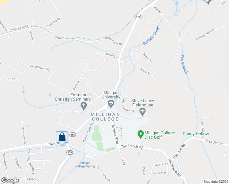 map of restaurants, bars, coffee shops, grocery stores, and more near 1619 Milligan Highway in Johnson City