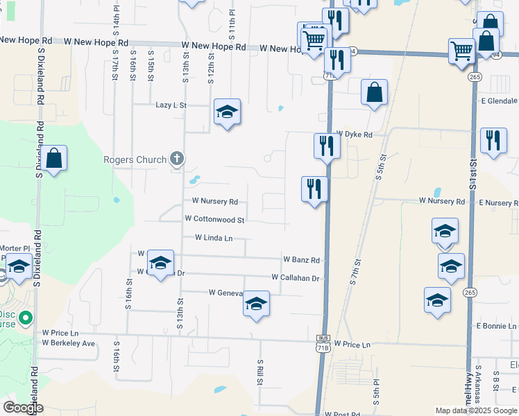 map of restaurants, bars, coffee shops, grocery stores, and more near 2009 South 11th Street in Rogers