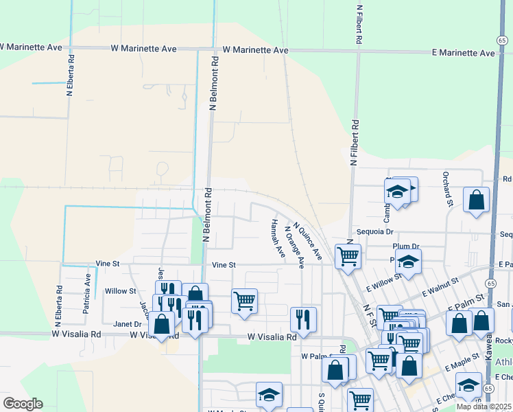 map of restaurants, bars, coffee shops, grocery stores, and more near 753 N Quince Ave in Exeter