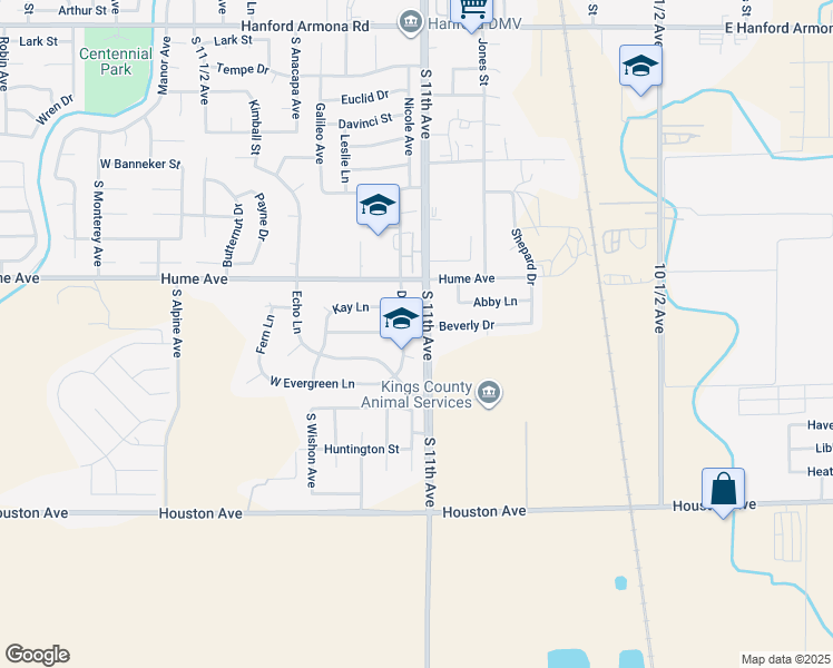 map of restaurants, bars, coffee shops, grocery stores, and more near 11562-11598 South 11th Avenue in Hanford