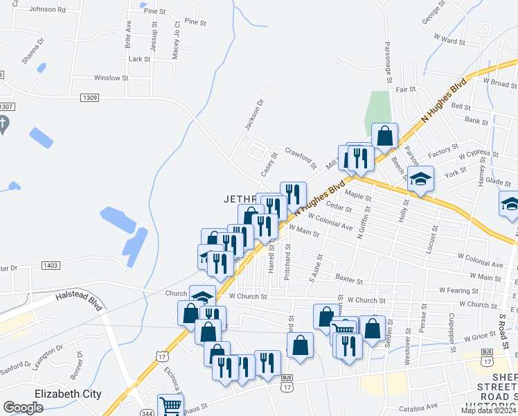 map of restaurants, bars, coffee shops, grocery stores, and more near 106 Chadburn Avenue in Elizabeth City