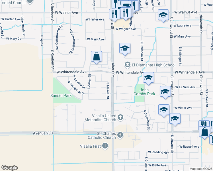 map of restaurants, bars, coffee shops, grocery stores, and more near 5332 West La Vida Court in Visalia