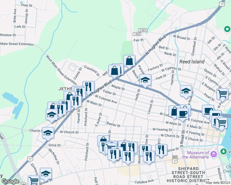 map of restaurants, bars, coffee shops, grocery stores, and more near 1008 Cedar Street in Elizabeth City
