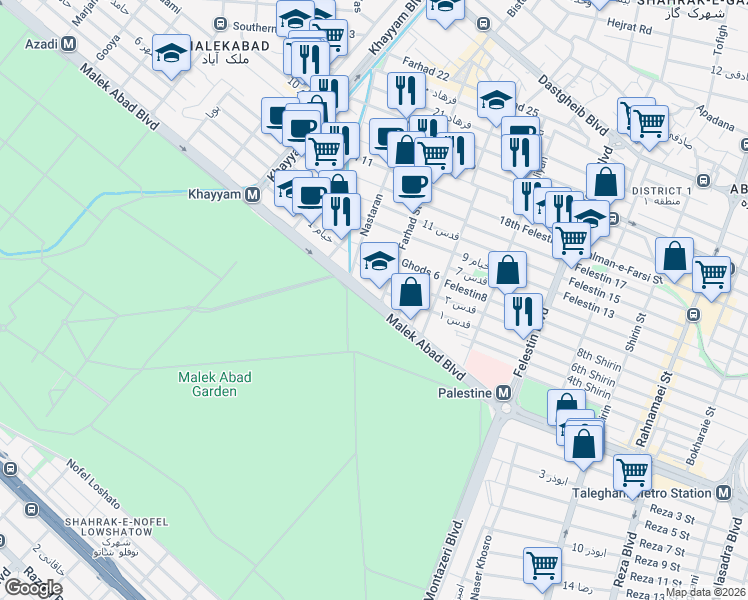 map of restaurants, bars, coffee shops, grocery stores, and more near Malek Abad Boulevard in Mashhad