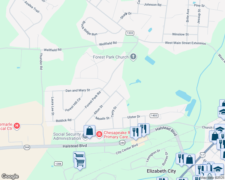 map of restaurants, bars, coffee shops, grocery stores, and more near 414 Forest Park Rd in Elizabeth City