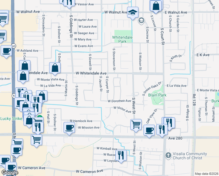 map of restaurants, bars, coffee shops, grocery stores, and more near 2931 South Stevenson Street in Visalia