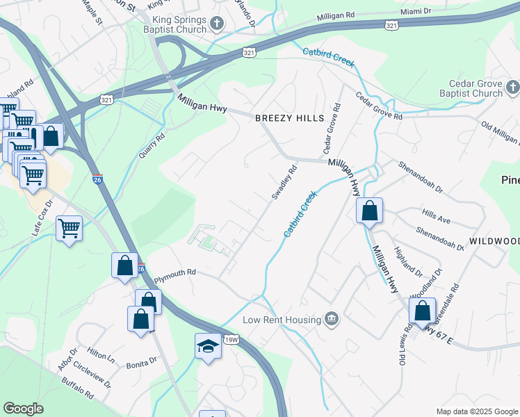 map of restaurants, bars, coffee shops, grocery stores, and more near 100-198 Mize Lane in Johnson City
