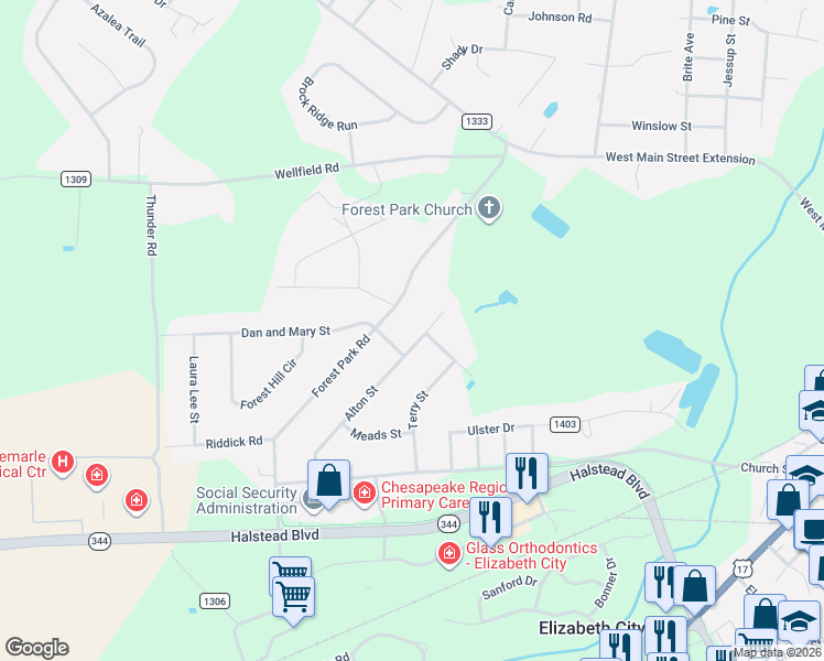 map of restaurants, bars, coffee shops, grocery stores, and more near 414 Forest Park Rd in Elizabeth City