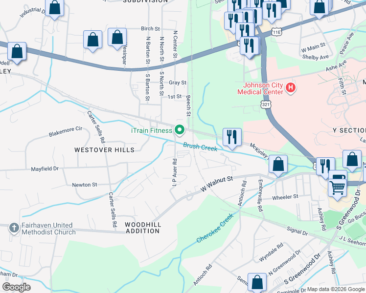 map of restaurants, bars, coffee shops, grocery stores, and more near 103 L P Auer Road in Johnson City