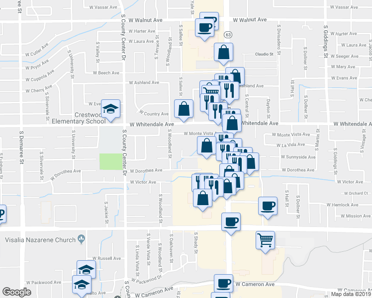 map of restaurants, bars, coffee shops, grocery stores, and more near 2924 South Sallee Court in Visalia
