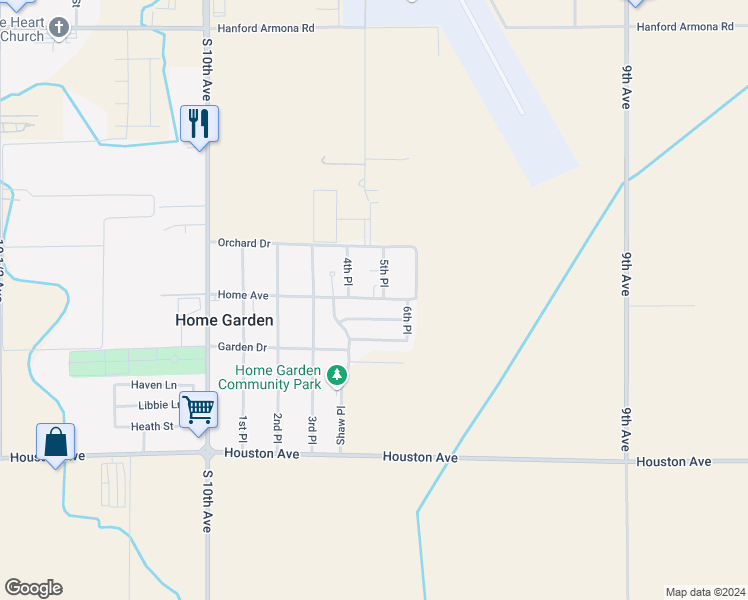 map of restaurants, bars, coffee shops, grocery stores, and more near 9609 Home Avenue in Hanford