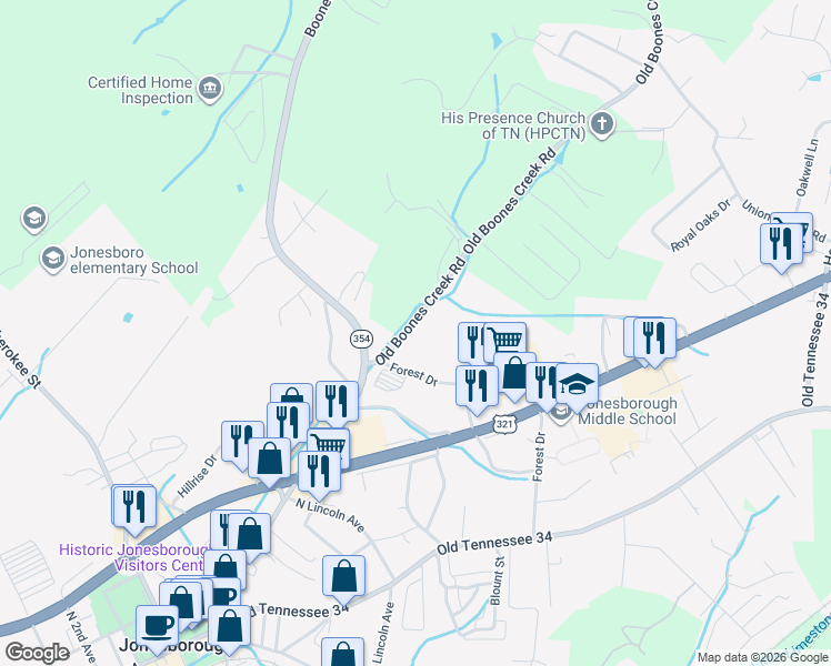 map of restaurants, bars, coffee shops, grocery stores, and more near 820 Old Boones Creek Road in Jonesborough
