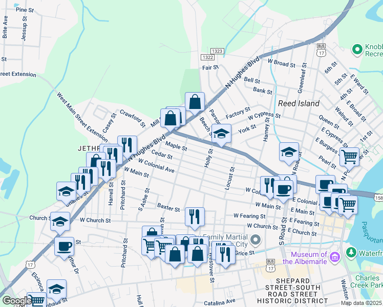 map of restaurants, bars, coffee shops, grocery stores, and more near 904 Maple Street in Elizabeth City