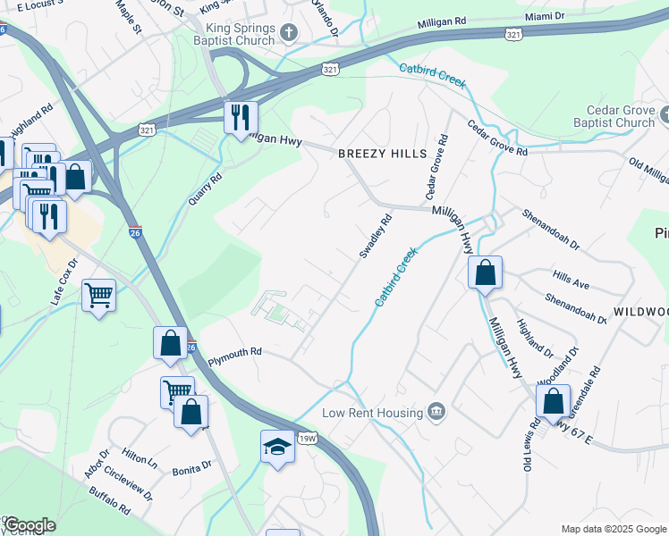 map of restaurants, bars, coffee shops, grocery stores, and more near 2311 Abbott Drive in Johnson City