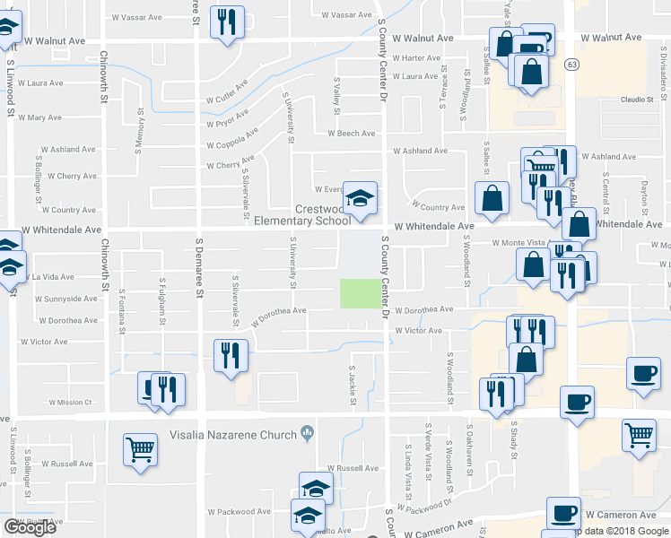 map of restaurants, bars, coffee shops, grocery stores, and more near 3025 West La Vida Avenue in Visalia